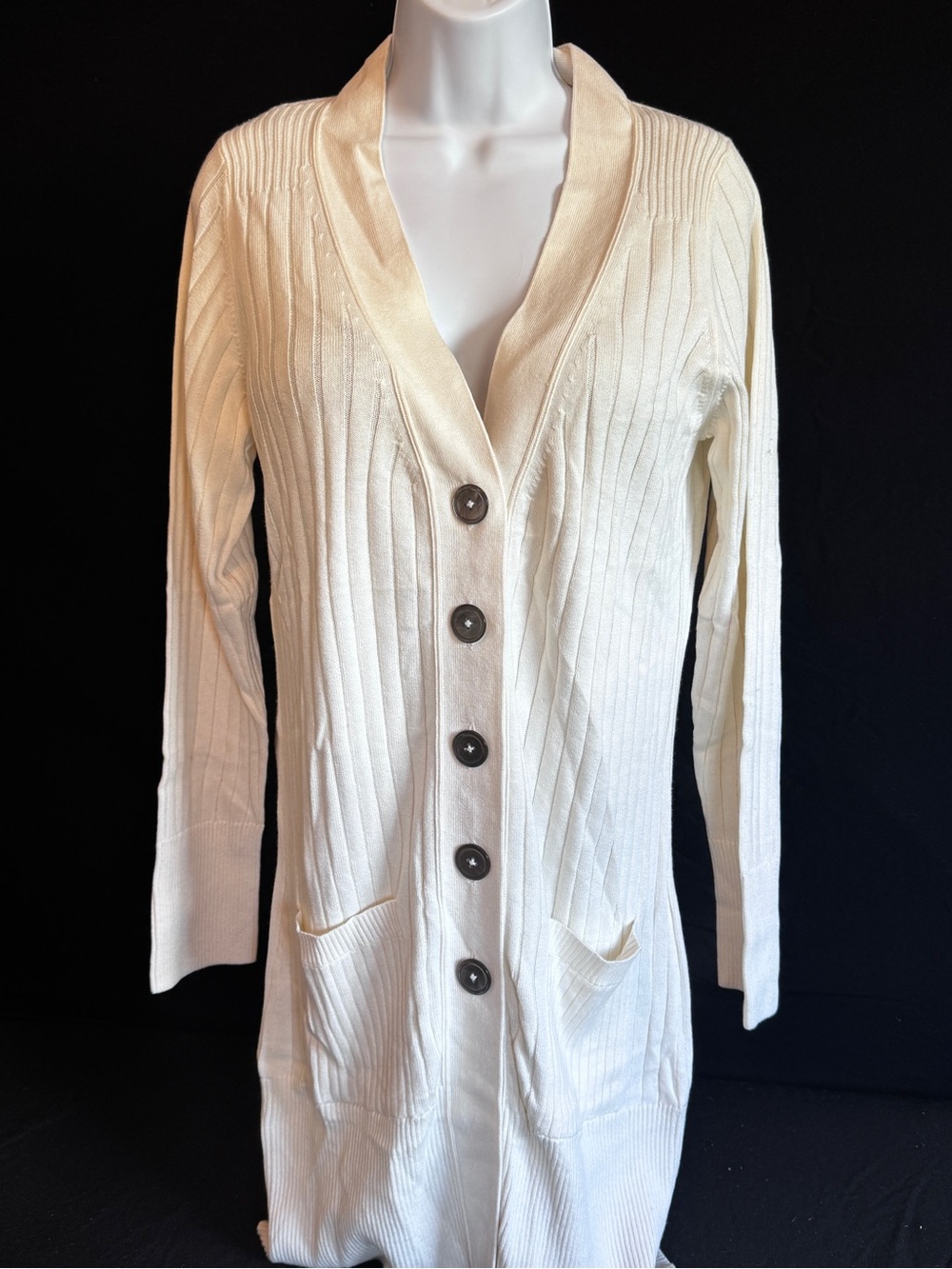 Pure Collection Cream Ribbed Long Cardigan with Shawl Collar